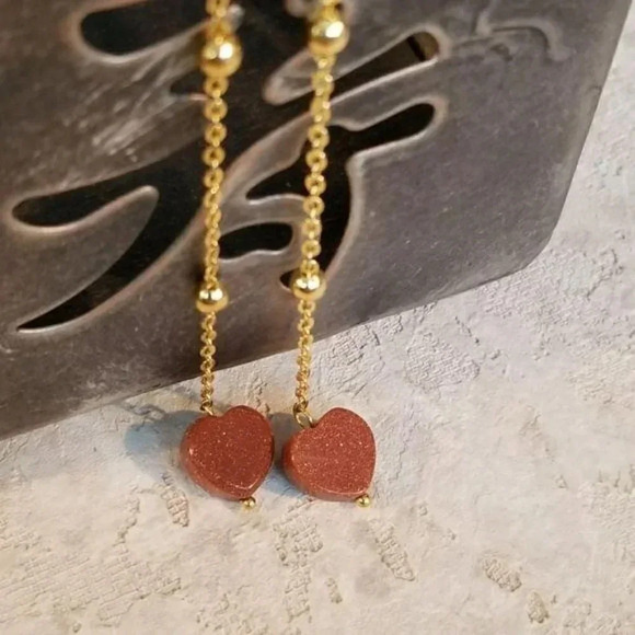 Heart Gold Chain Earrings Goldstone - Picture 1 of 7